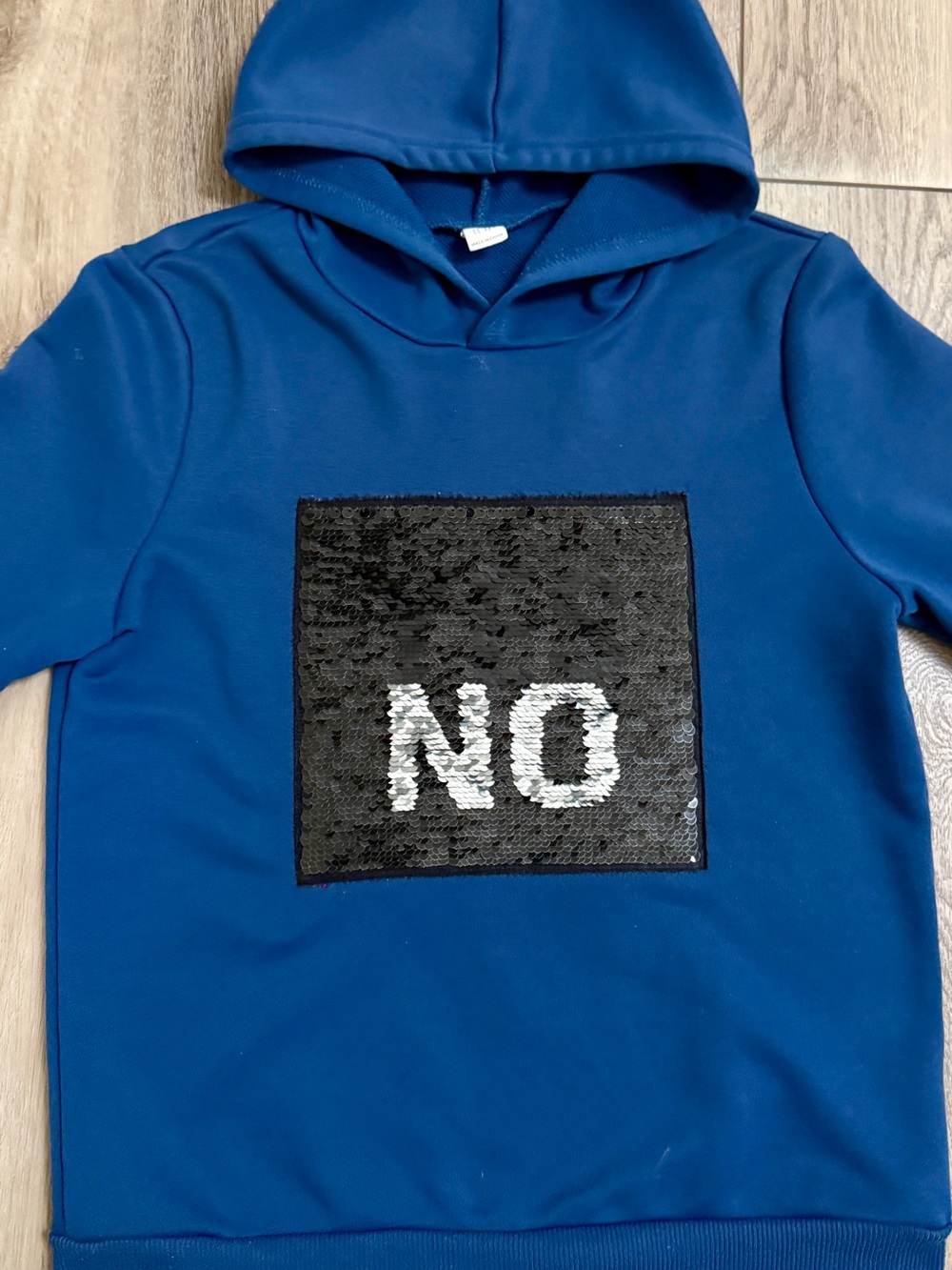 SHEIN Blue Kids Hoodie with Black Sequin 'NO' Patch